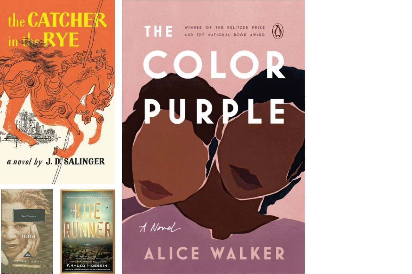 Banned Adult Fiction showing the book covers for: "Catcher in the Rye," "The Color Purple," "Beloved," and "Kite Runner."