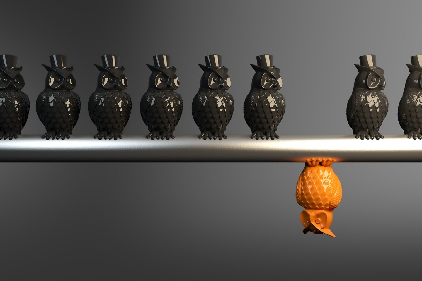 A different point of view is depicted with a row of owls in top hats sitting on a metal pole. The owls on the top of the pole are made of a dark gray color. A single owl is seen under the pole. It doesn't have a hat and is orange in color, making it stand out from the rest.