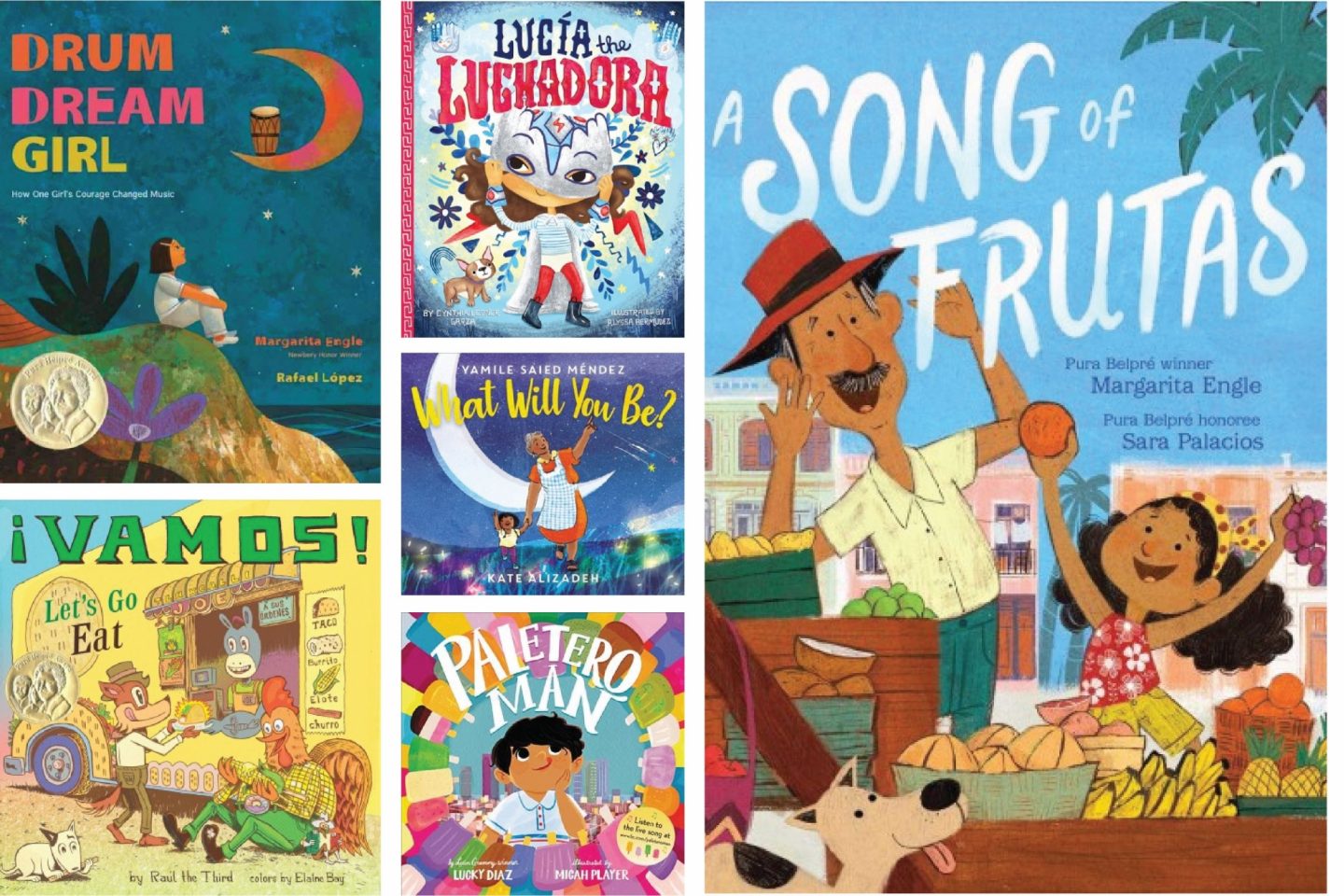 Latinx Cultural Heritage Month picture book with a collage of various Latinx children's book covers.