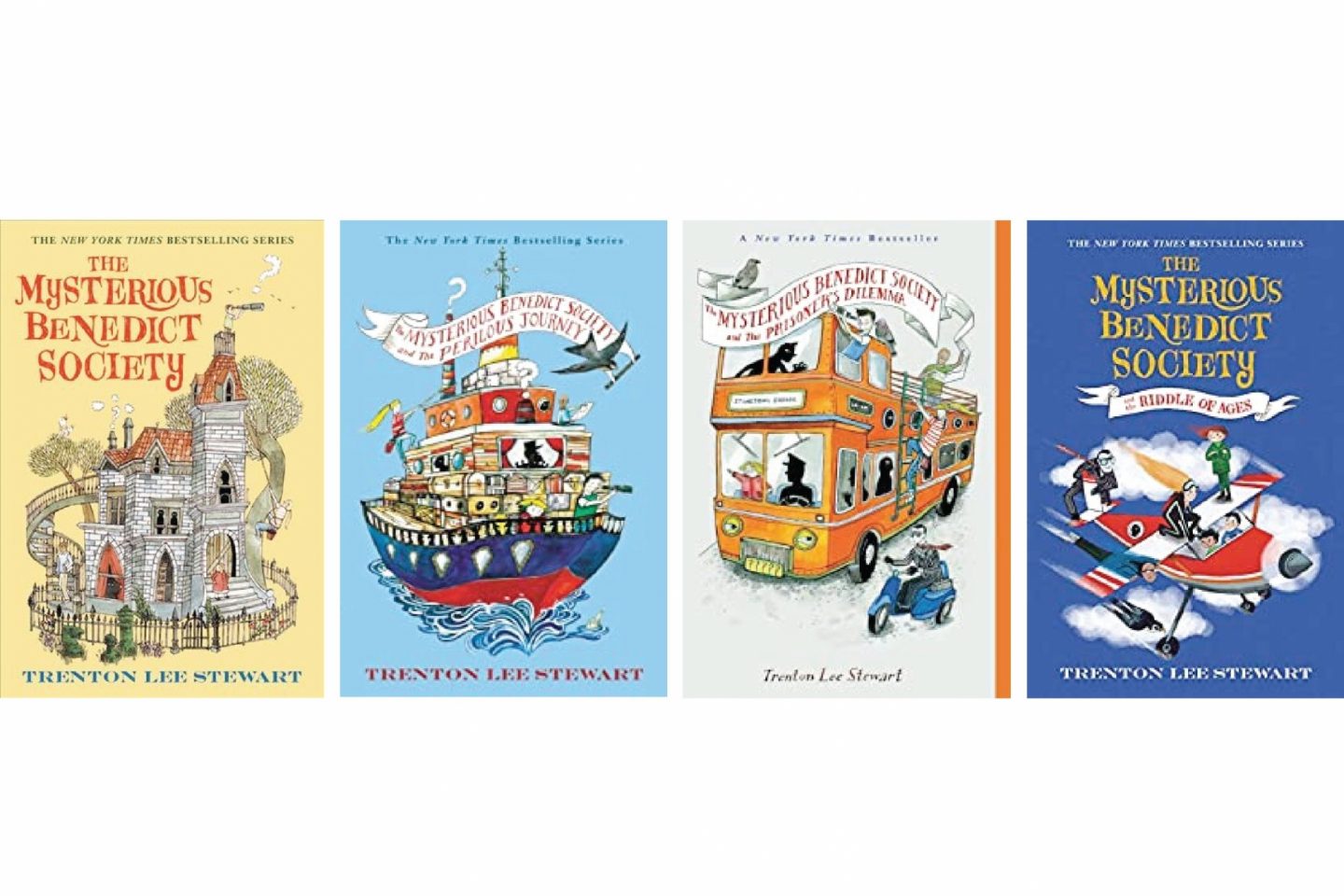 A view of four Mysterious Benedict Society book covers. The first cover a yellow color with a cartoon brick house. The second cover is a light blue color with a cartoon boat. The third cover is a gray color with a cartoon bus and a man on a scooter. The fourth cover is a dark blue color with a cartoon plane and various characters strewn about the plane.