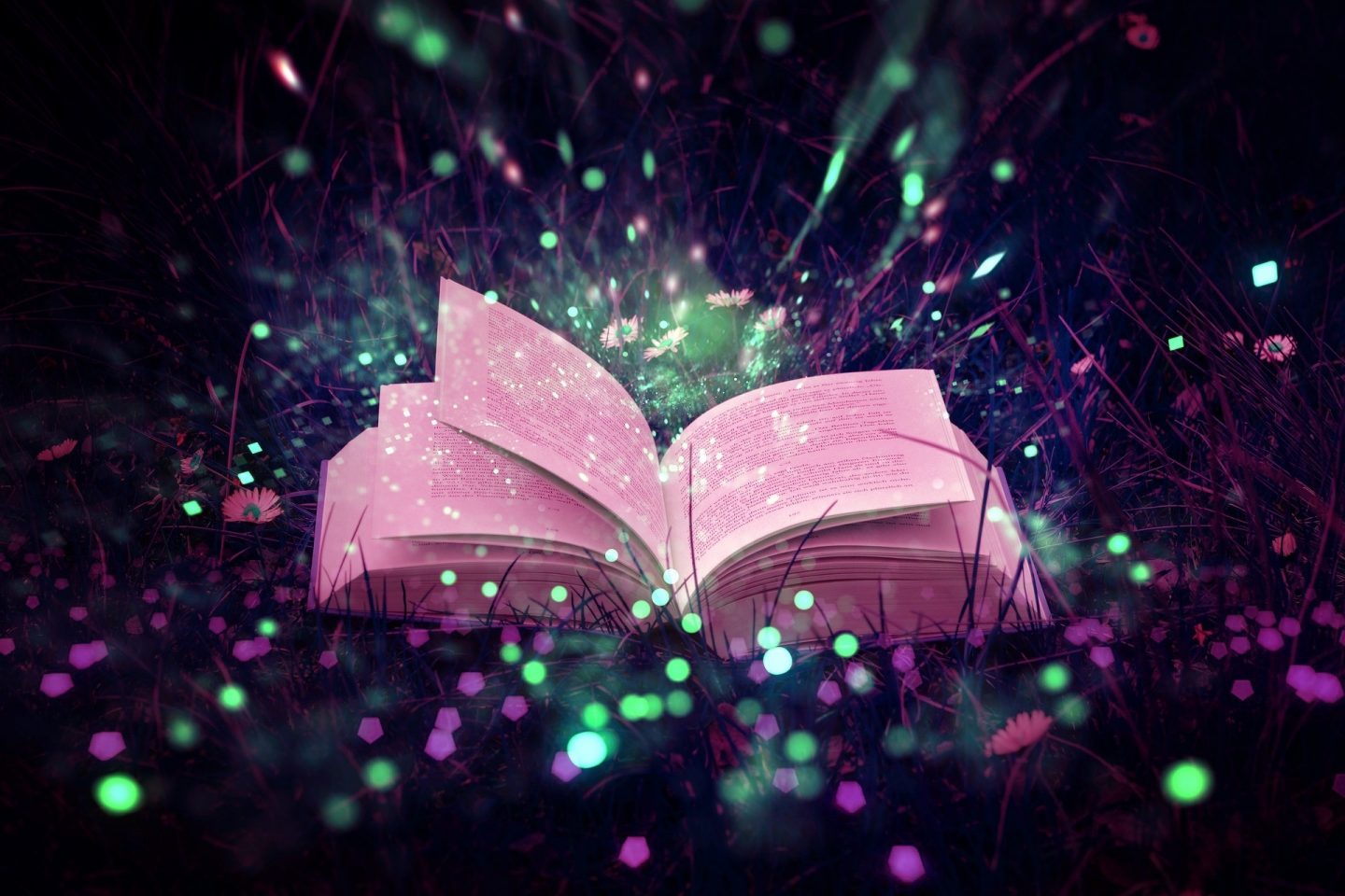 An open book is in a field of grass. Colorful pink, purple, and green sparks come out of the book and surround the scene.