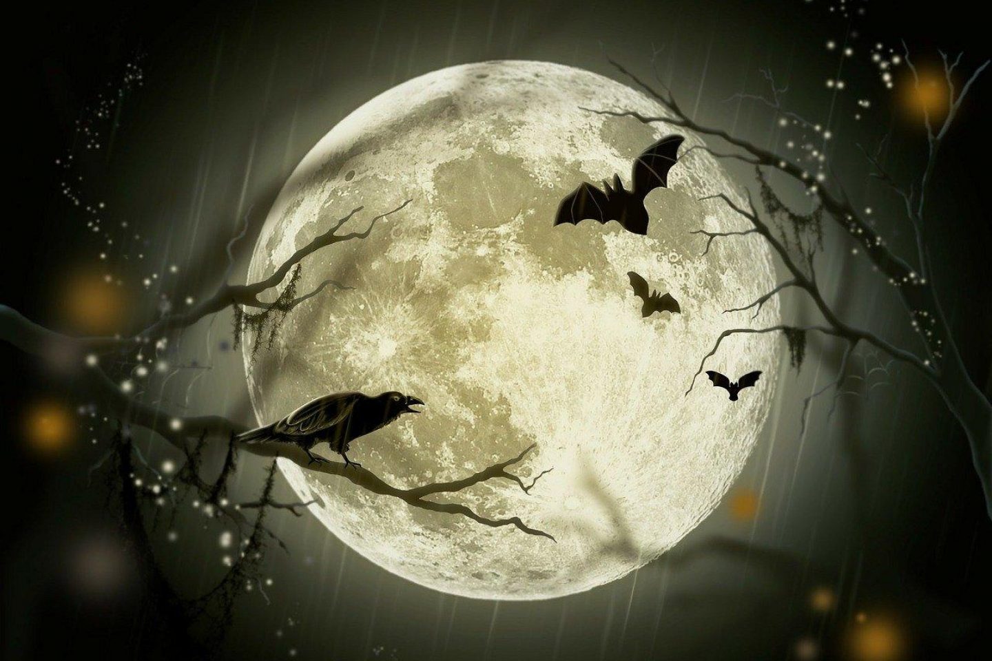 A Halloween scene is shown with a large moon as the focal point. Before the moon are tree branches, flying bats, and a raven perched and cawing from a branch on the left side of the scene.