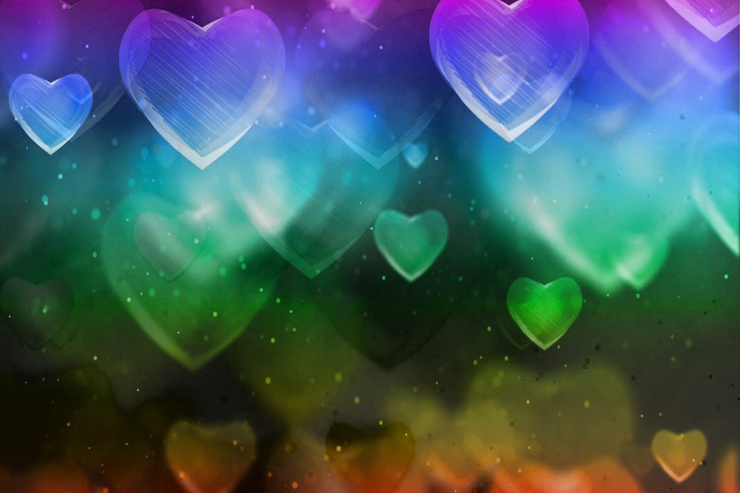 A rainbow background shows various translucent heart shapes floating around the scene.