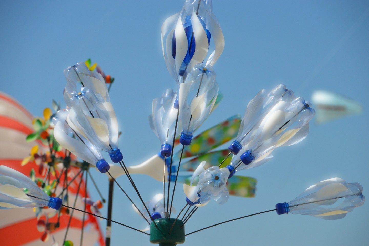 A recycled craft made of old plastic bottles spins in the wind.
