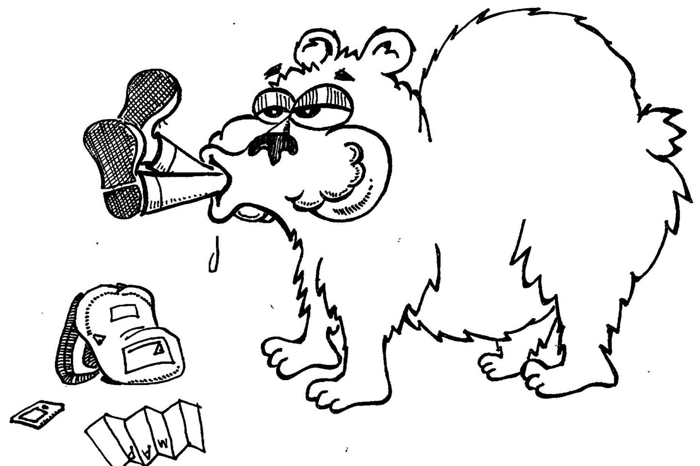 Comic of a Bear Attack by Eric Pfeffinger. On the ground of the comic is a backpack with a phone and map next to it. To the right of this is a large bear that has a man's legs sticking out of its mouth.