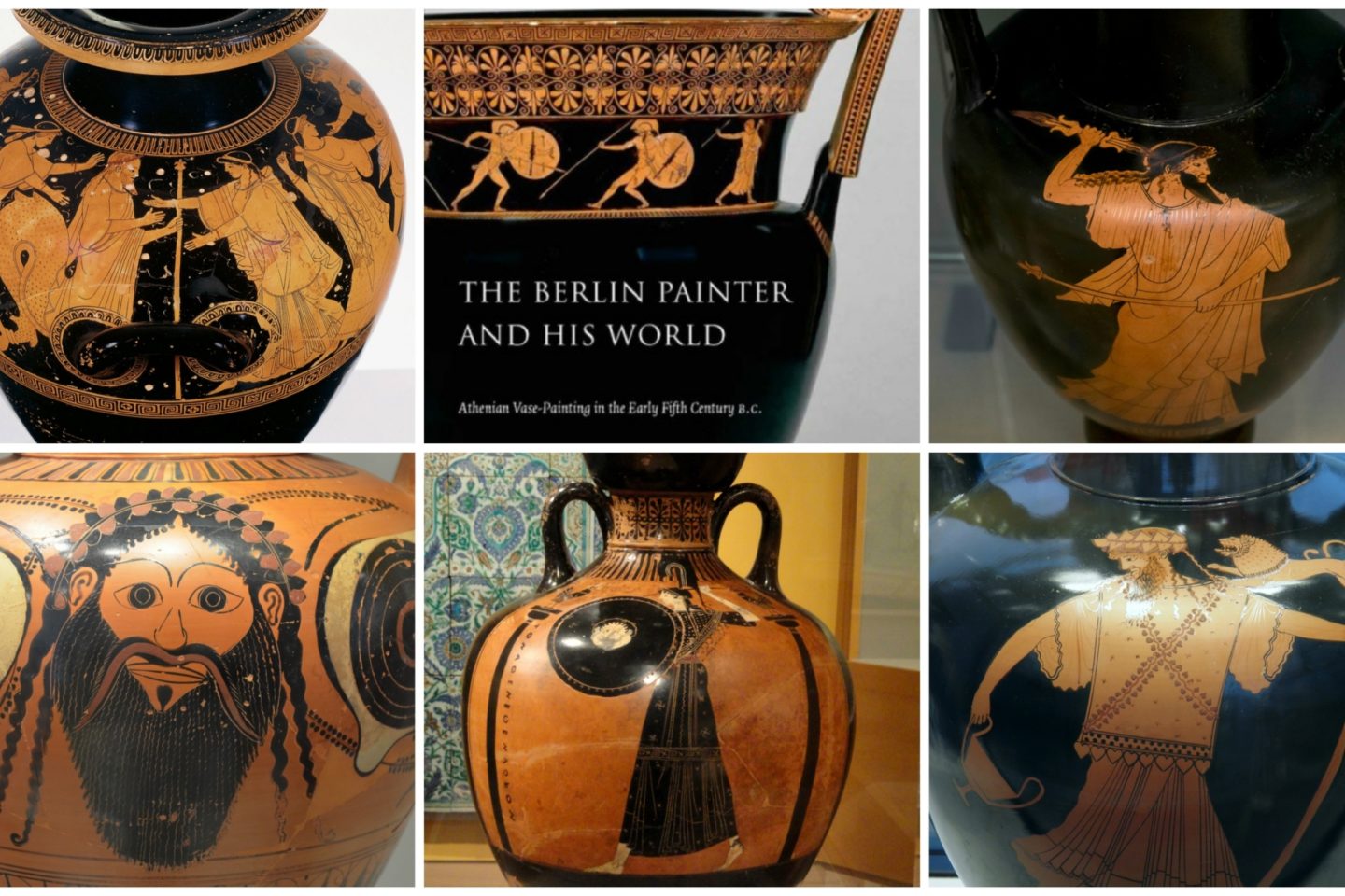 A collage of various Athenian painted vases come together to promote the book "The Berlin Painter and His World."