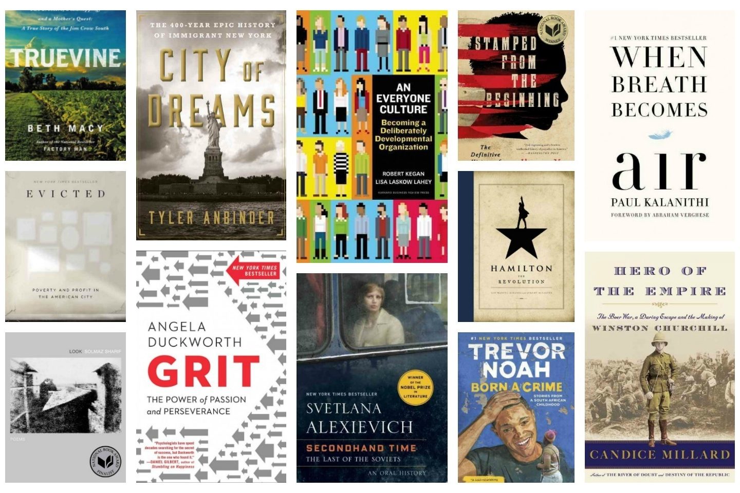 A collaged advertisement of the best nonfiction books of 2016. Titles include "Truevine," "City of Dreams," "An Everyone Culture: Becoming a Deliberately Developmental Organization," "Stamped From the Beginning," "When Breath Becomes Air," "Evicted: Poverty and Profit in the American City," "Look," "Grit: the Power of Passion and Perseverance," "Secondhand Time: the Last of the Soviets," "Born a Crime," and "Hero of the Empire."