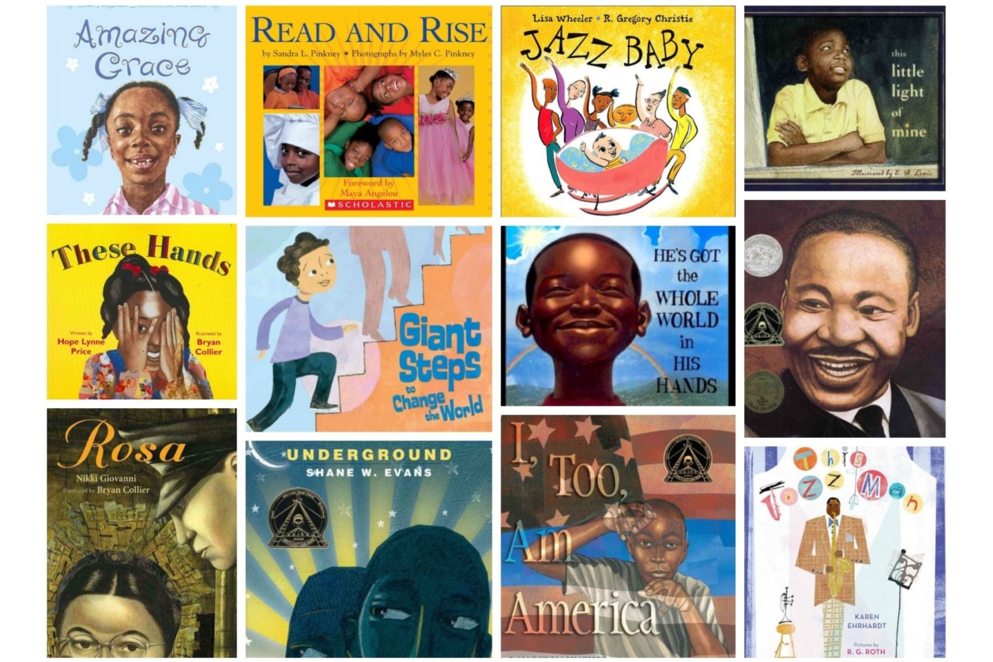 A collaged advertisement of Black History Month Storytime book covers. Book covers include: "Amazing Grace," "Read and Rise," "Jazz Baby," "This Little Light of Mine," "These Hands," "Giant Steps to Change the World," "He's Got the Whole World in His Hands," "Martin's Big Words," "Rosa," "Underground," "I, Too, Am America," and "This Jazz Man."