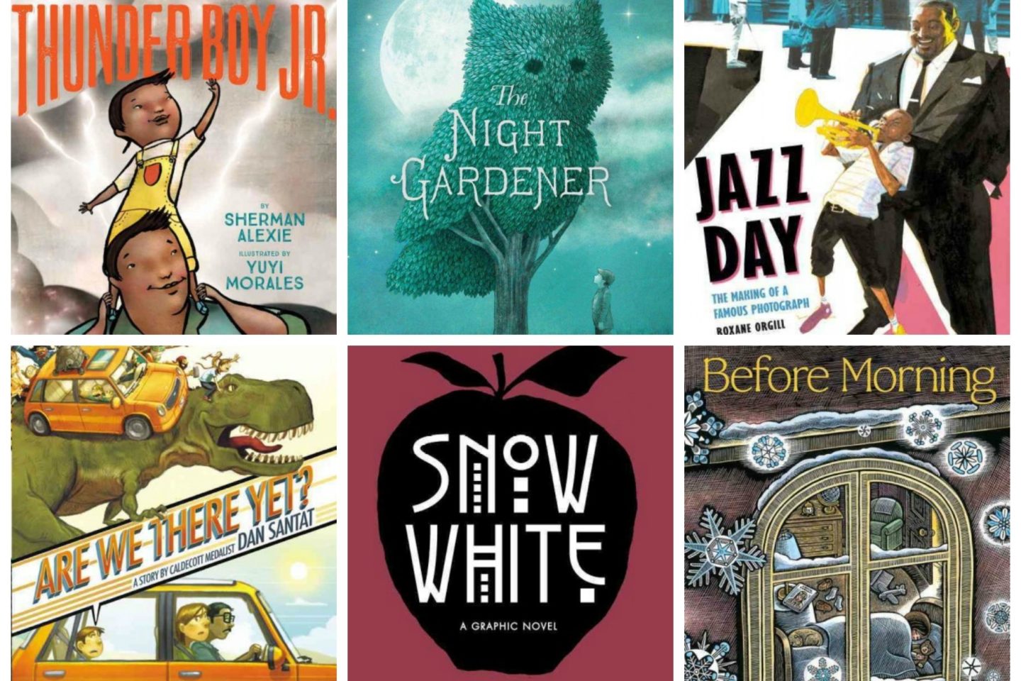 A collaged advertisement of various children's book covers. Covers include "Thunder Boy Jr.," "The Night Gardener," "Jazz Day," "Are We There Yet?," "Snow White: a Graphic Novel," and "Before Morning."