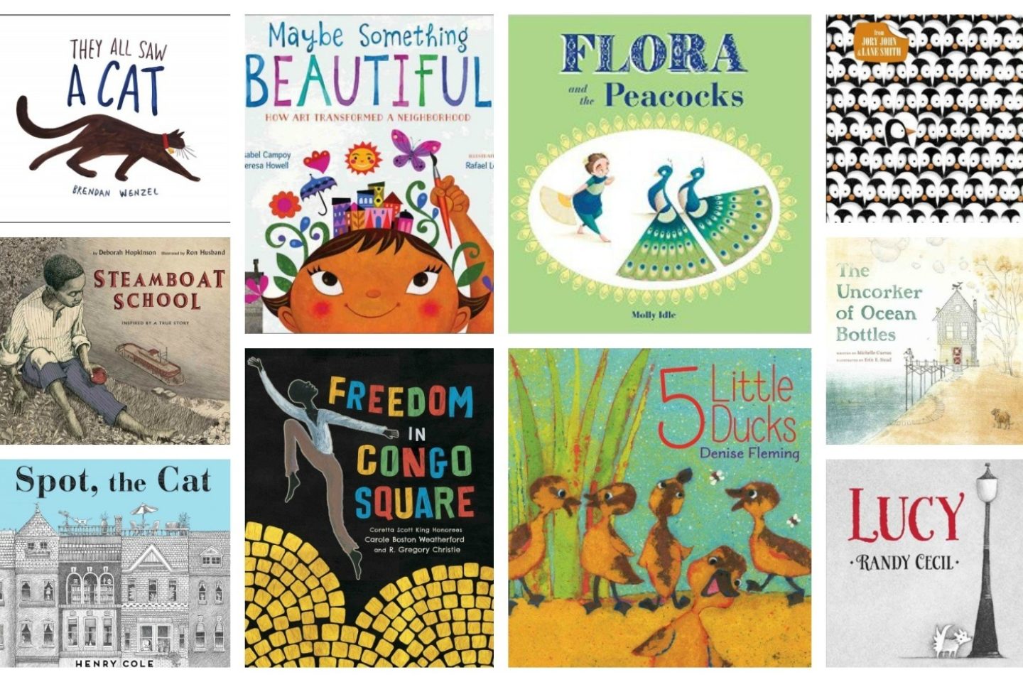A collaged advertisement of various Caldecott Contenders. Titles include "They All Saw a Cat," "Maybe Something Beautiful: How Art Transformed a Neighborhood," "Flora and the Peacocks," "Penguin Problems," "Steamboat School," "Spot, the Cat," "Freedom in Congo Square," "5 Little Ducks," "The Uncorker of Ocean Bottles," and "Lucy."