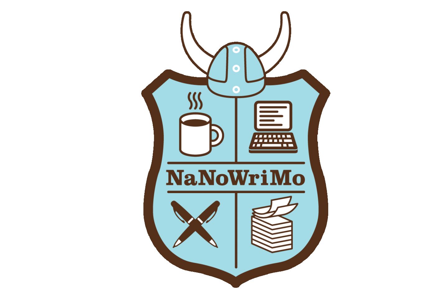 The NaNoWriMo's logo shows a Viking helmet atop a crest. Within the crest is a steaming coffee cup, an open laptop, two pens crossed in an "x" shape, and two papers falling on top of a large pile of papers.