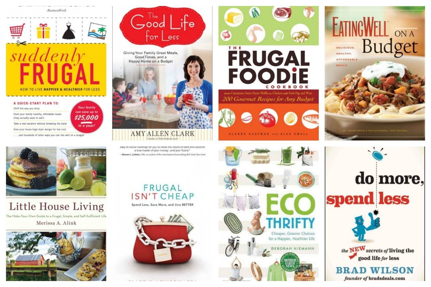A collaged advertisement of books on being frugal.