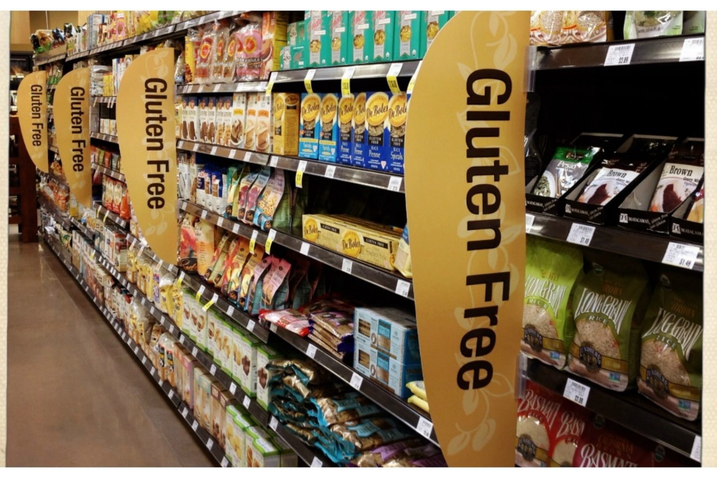View of an aisle in a grocery store for all their "Gluten Free" products.