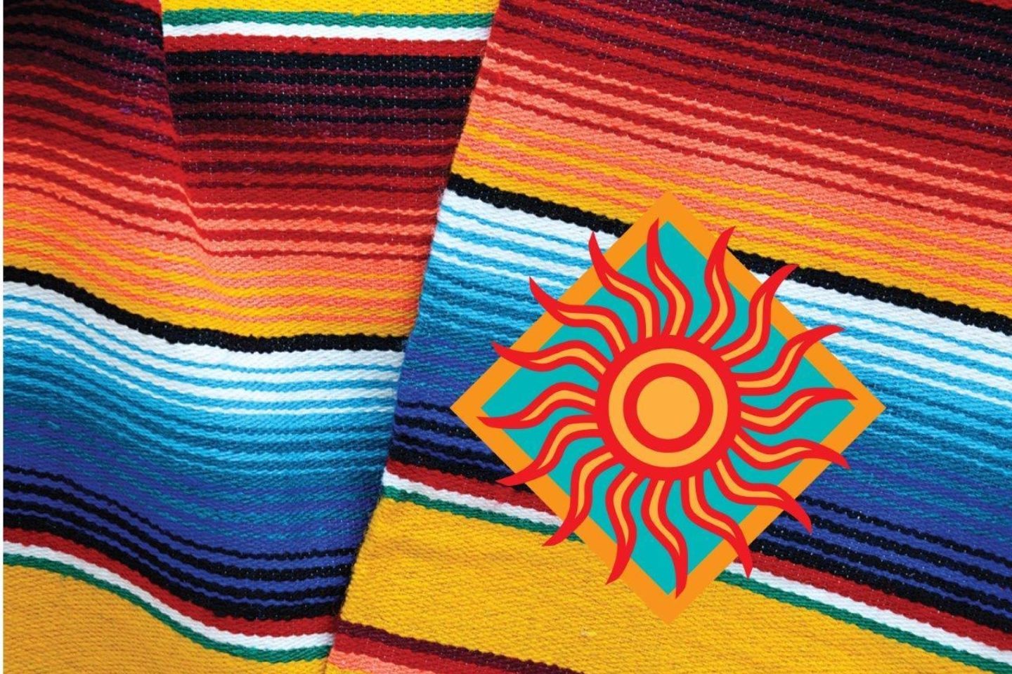 Hispanic Heritage Month is represented with a red, orange, and teal sun logo on top of a multi-colored blanket.