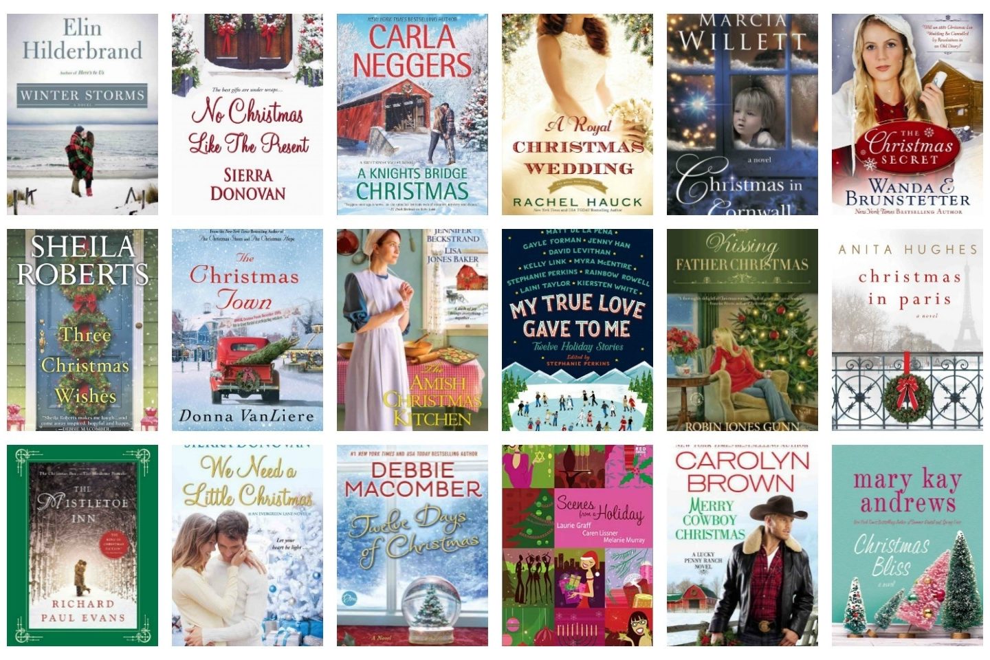A collage of 18 holiday romance book covers of 2016.