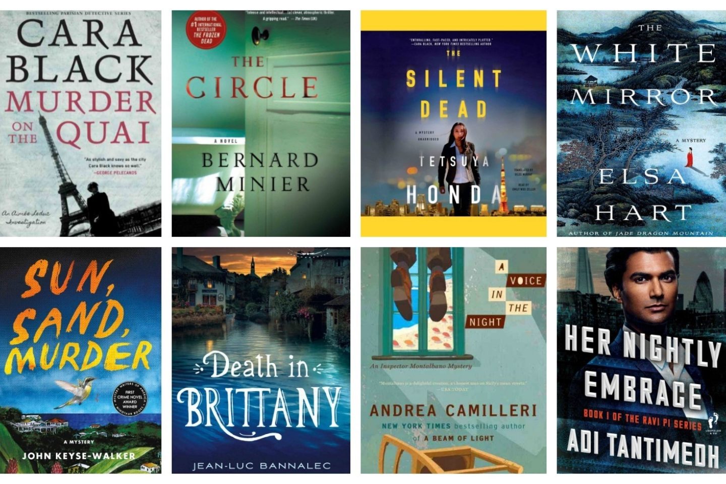 A collaged advertisement for international mysteries. Book covers include "Murder on the Quai," "The Circle," "The Silent Dead," "The White Mirror," "Sun, Sand, Murder," "Death in Brittany," "A Voice in the Night," and "Her Nightly Embrace: Book I of the Ravi Pi Series."