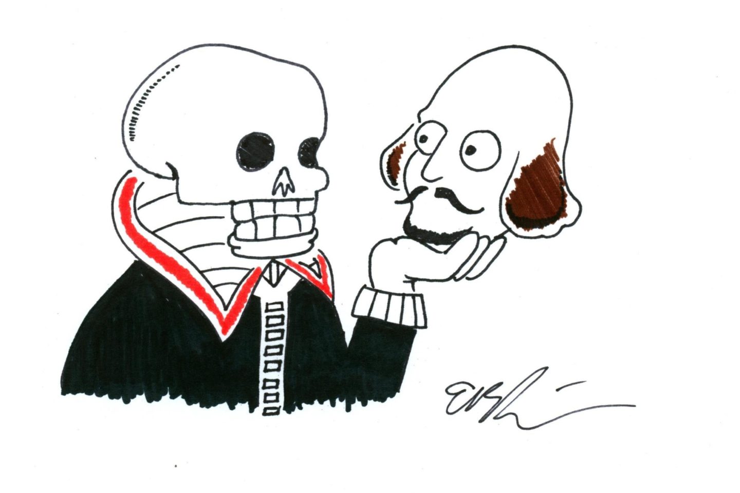 A cartoon illustration shows a skeleton holding the head of Shakespeare. The skeleton wears Shakespeare's iconic outfit.