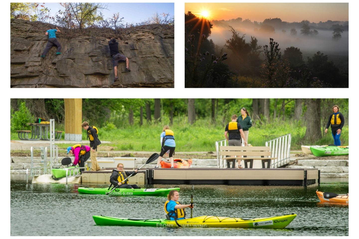 Collage of local things to do at the Toledo Area Metroparks. The first image shows two men climbing a rock wall. The second image shows the view of an early morning mist spreading through the park's wildlife. The final image shows various individuals getting ready to kayak as well as those who are already in the water kayaking.