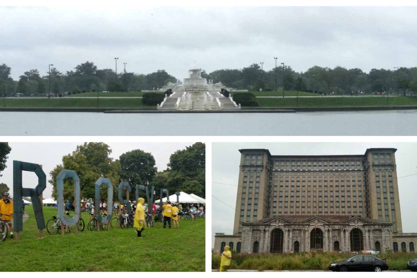 A collage of various views people pass during Detroit's Tour de Troit. The three views include the James Scott Memorial Fountain, Roosevelt Park, and Michigan Central Station.