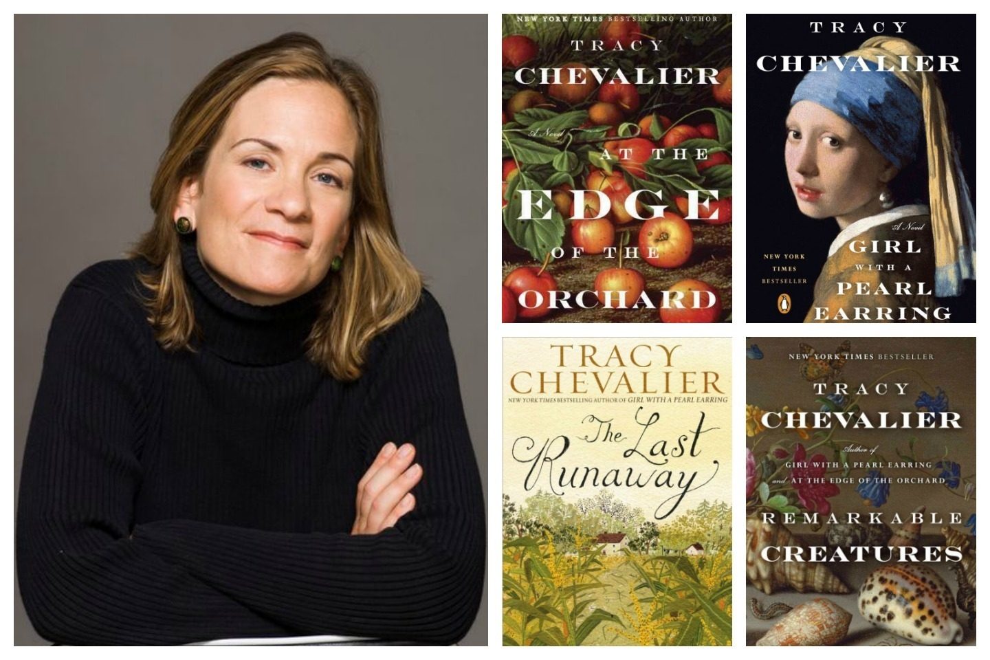 A collaged advertisement for books by Tracy Chevalier. The left image is a portrait showing Tracy Chevalier. To the right of her are four of her books. These titles include "At the Edge of the Orchard," "Girl with a Pearl Earring," "The Last Runaway," and "Remarkable Creatures."