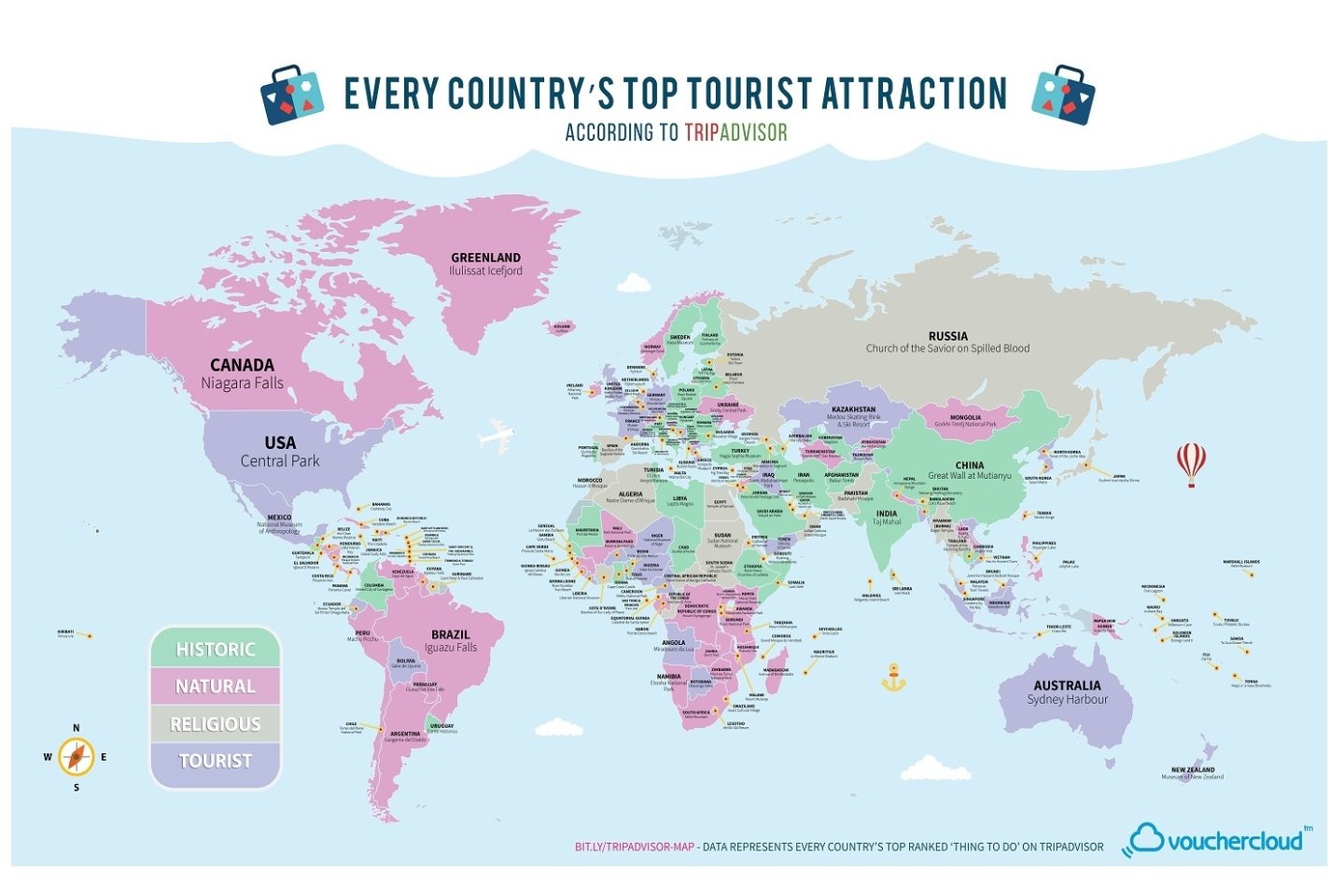 An advertisement of TripAdvisor's Vouchercloud map. A key shows the colors green for "Historic" landmarks, pink for "Natural," grey for "Religious," and purple for "Tourist" destinations.