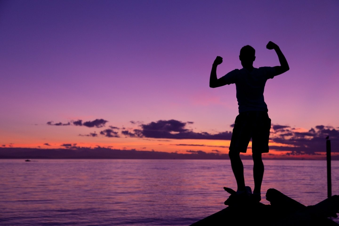 Silhouette view of a man doing a double bicep pose in front of a purple, orange, and yellow sunset.
