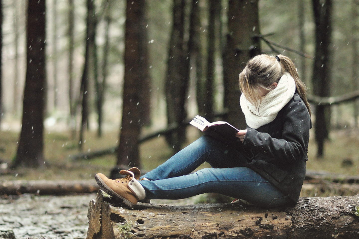 A girl reads a book while sitting on top of a fallen log in a forest as snow begins to fall.
