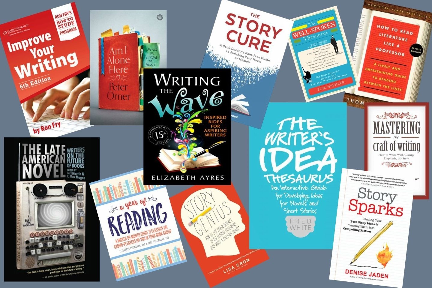 A collaged advertisement shows book covers that discuss ways to improve your writing skills.