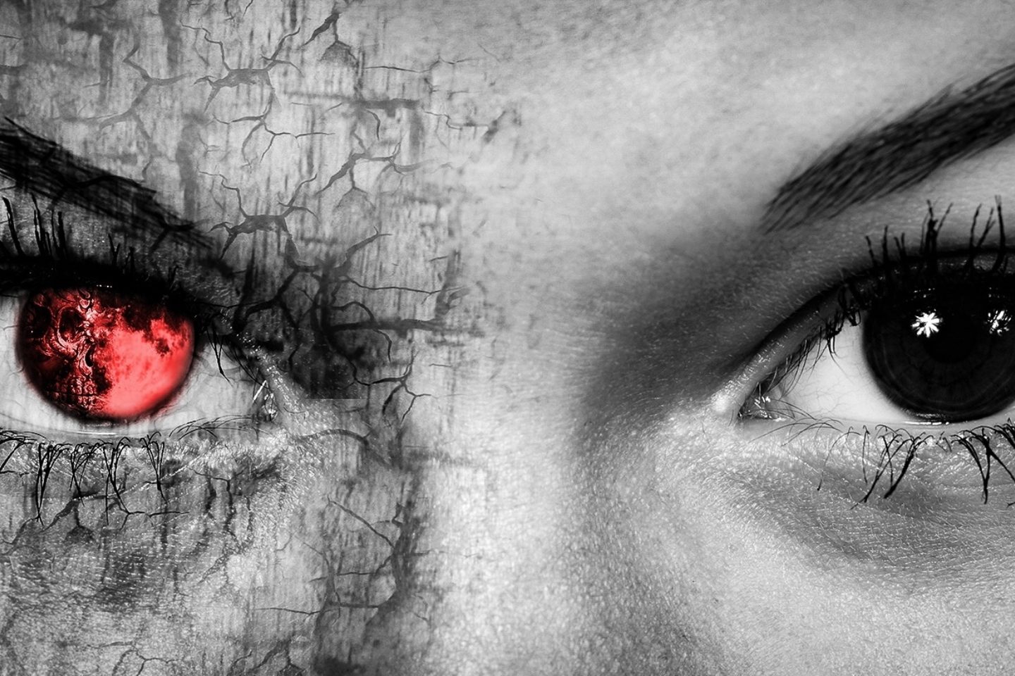 A close-up view of a woman's eyes, except her right eye is red and reflects a half-skull and half-moon image while the skin around that eye is cracked and withering.