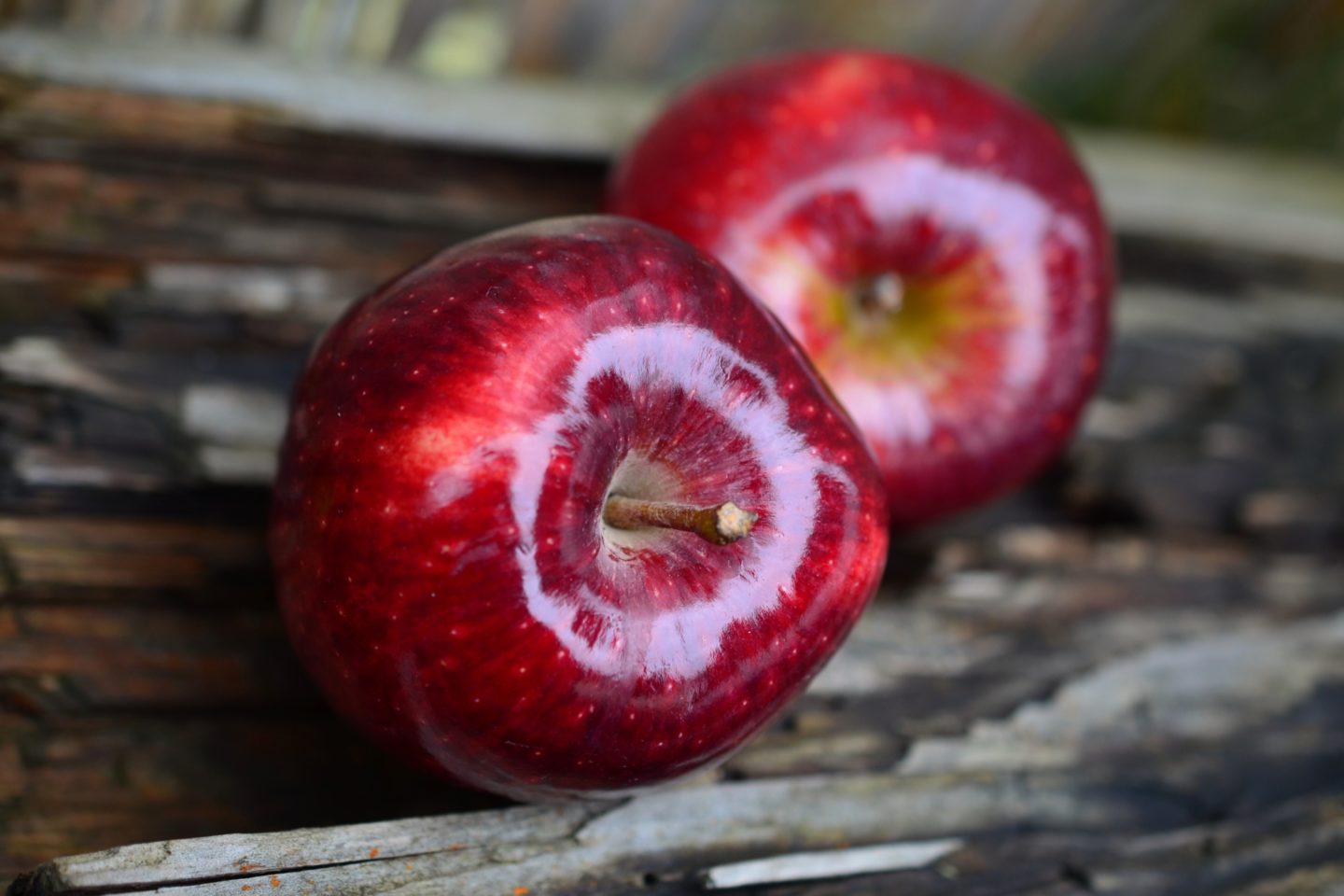 Two shiny apples lay on their sides on a wooden table.