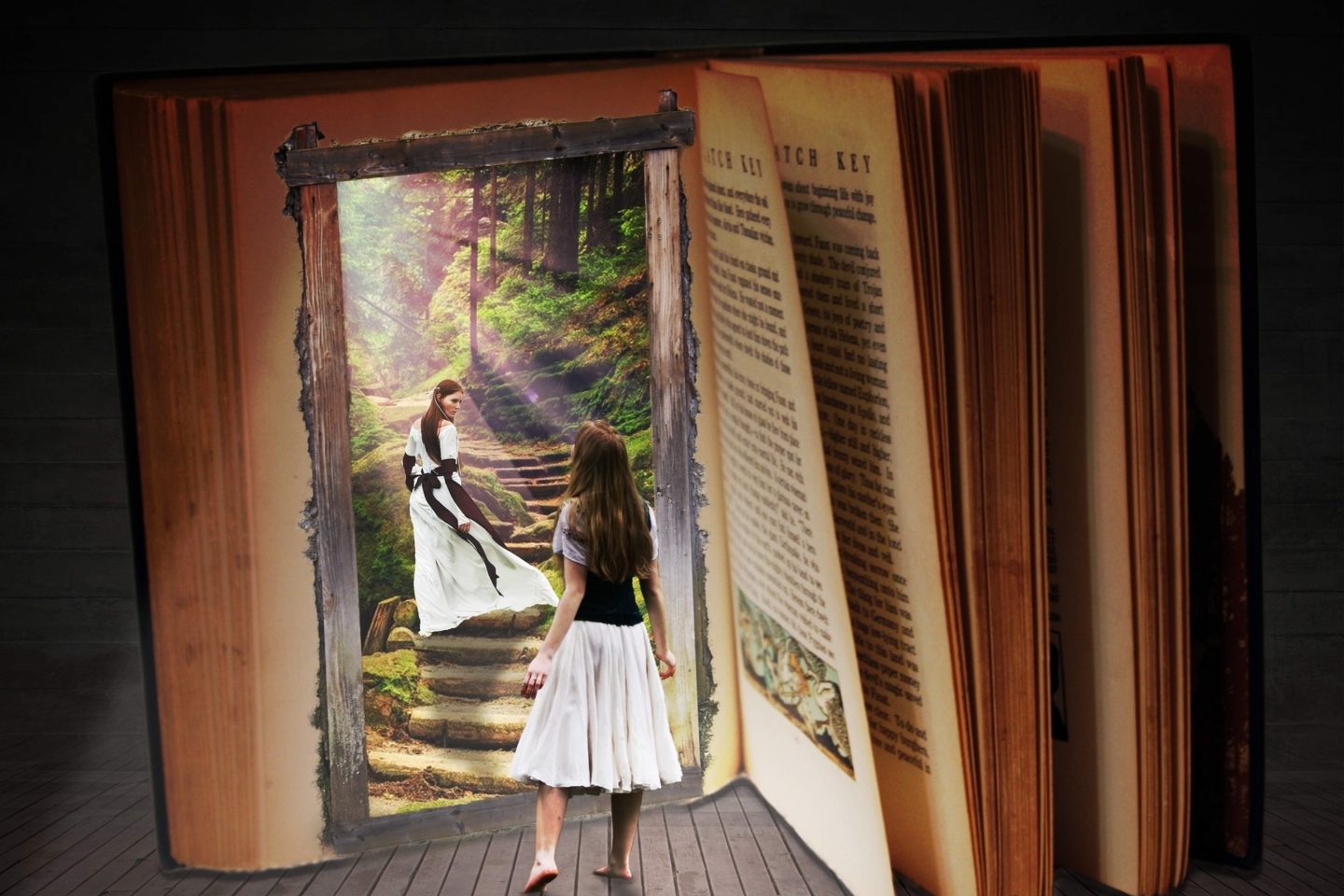 A girl peers into an open book that is the size of a room. The left side of the book shows a portal on the page to another world. In the portal is a woman walking up stone steps. She wears a white and black dress that looks like the one the girl is wearing. The woman looks back at the girl as if to beckon her to enter the book's portal.