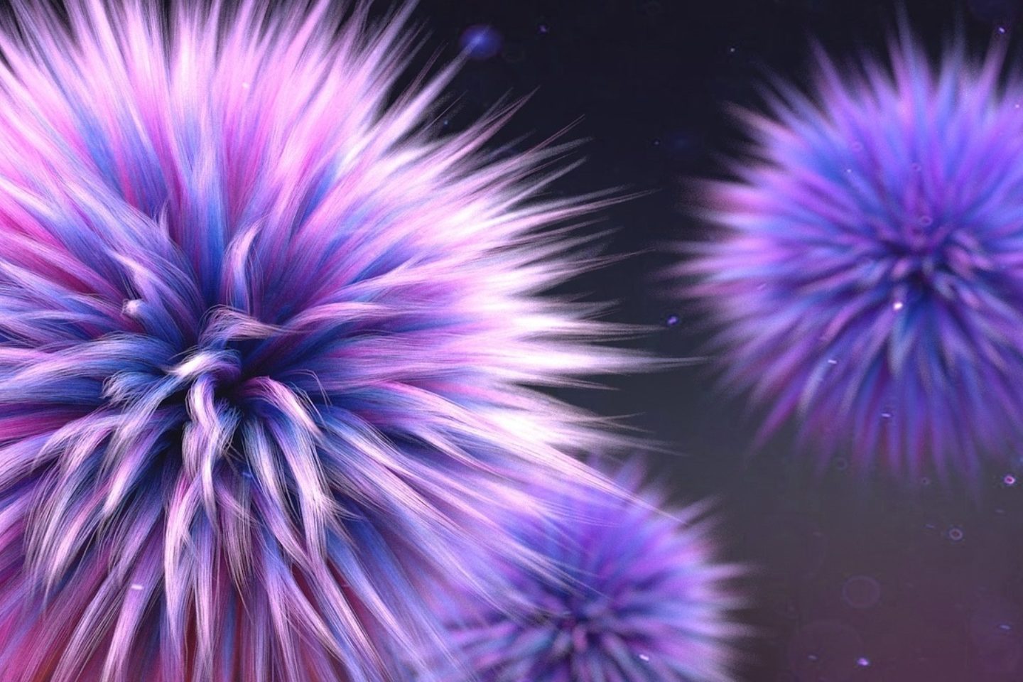 Abstract image of fluffy, spherical shapes with vibrant, soft, and colorful strands in shades of purple, pink, and blue against a dark background.
