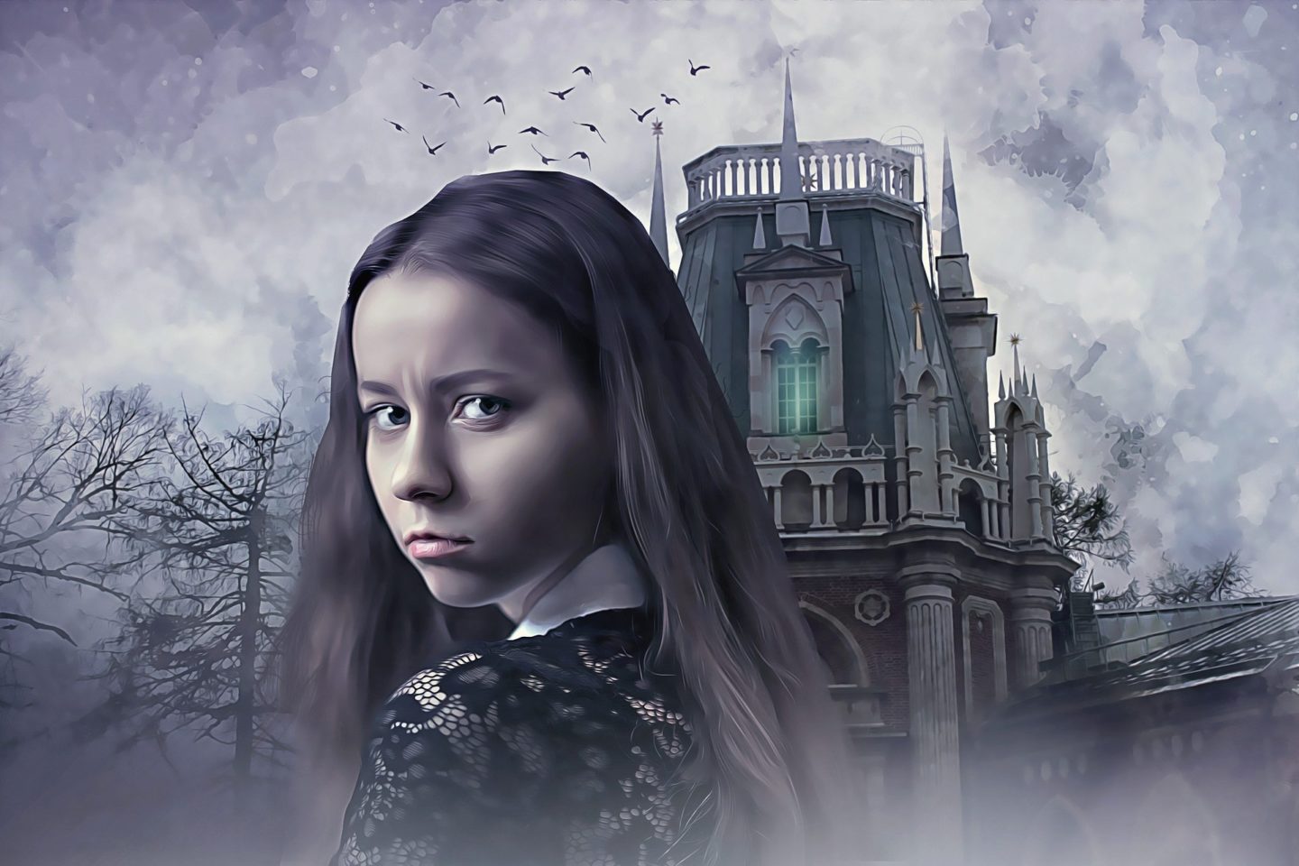 gothic pixabay image displaying young girl and haunted castle