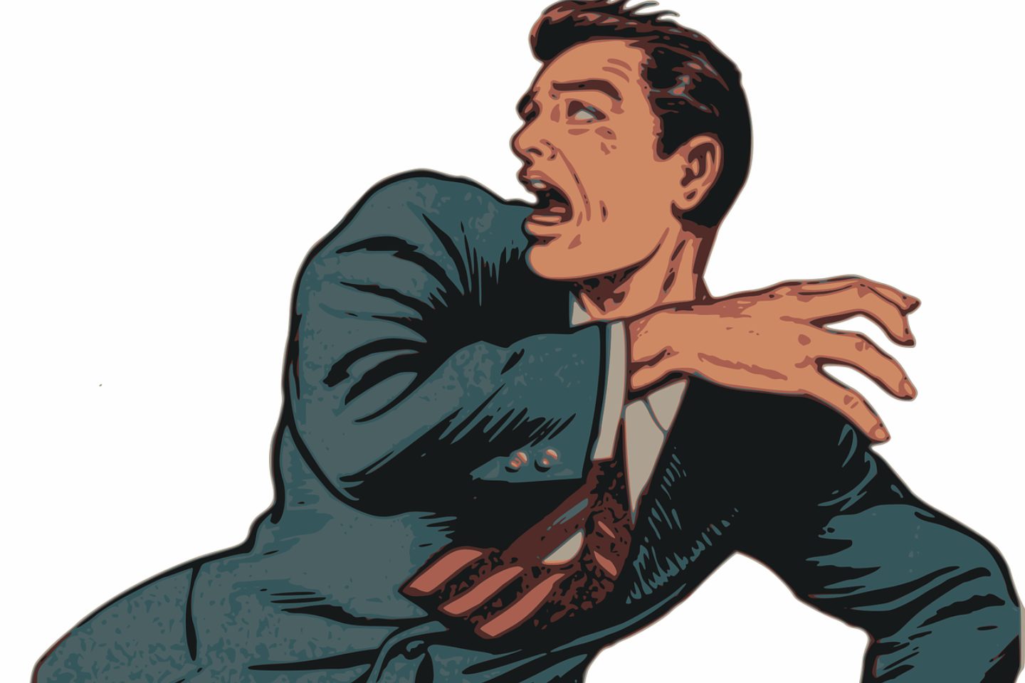 An illustration of a comic book-style man. The man looks frightened and has his hand reaching over himself as if he is preparing to run away.