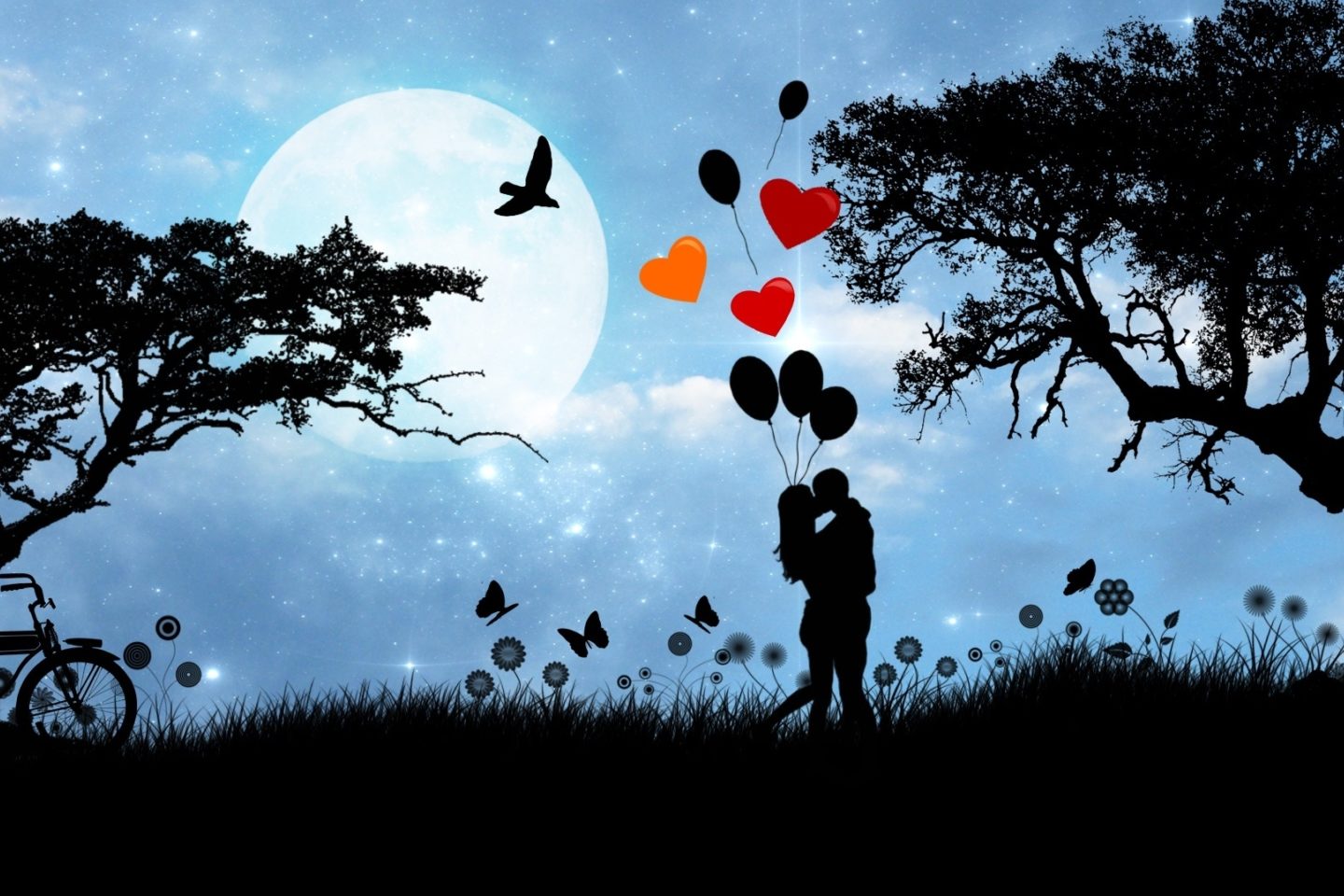 Silhouette of a couple kissing while holding balloons, with a large full moon in the background, surrounded by trees, butterflies, and flowers in a night sky scene.