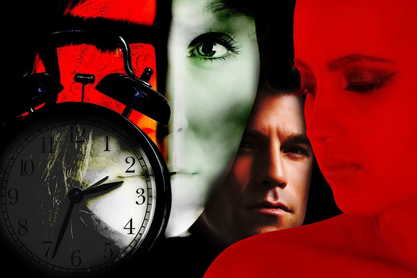 A collaged advertisement for psychological suspense. To the left is a clock that reads 2:35. Behind the clock is the right half of a woman's face with a green filter and dark shadows covering portions of her face. Next to her is a man's face coming out of the shadows. To the right of them is a woman looking towards the clock with an all-red filter over her.