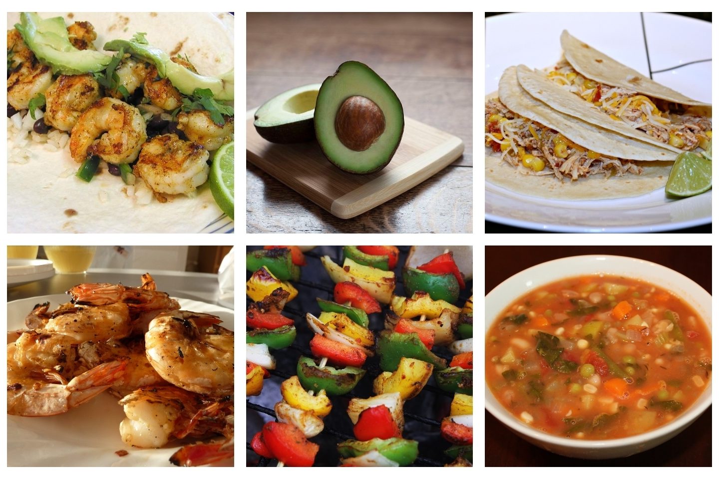 A collage of various images of food for summer cooking recipes. The top left shows shrimp in a tortilla with beans, rice, lime, and avocado. The next image is of a split avocado on a cutting board. The third top image shows tortillas with shredded meat, corn, and a lime on a plate. The bottom left image shows larger pieces of shrimp on a plate. The bottom middle image shows veggies on a skewer. The bottom right image shows minestrone soup.