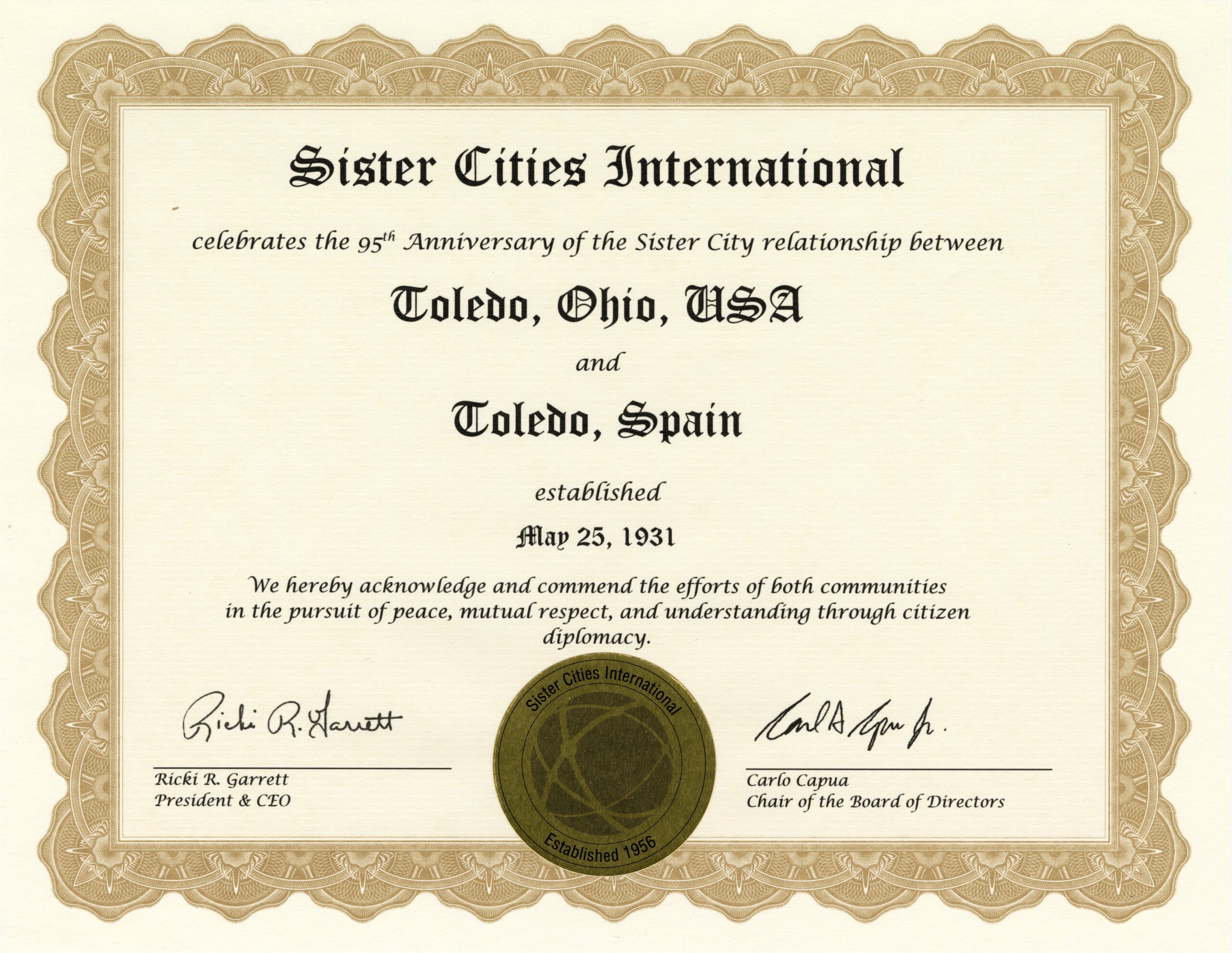 The original Sister Cities certificate from 1931