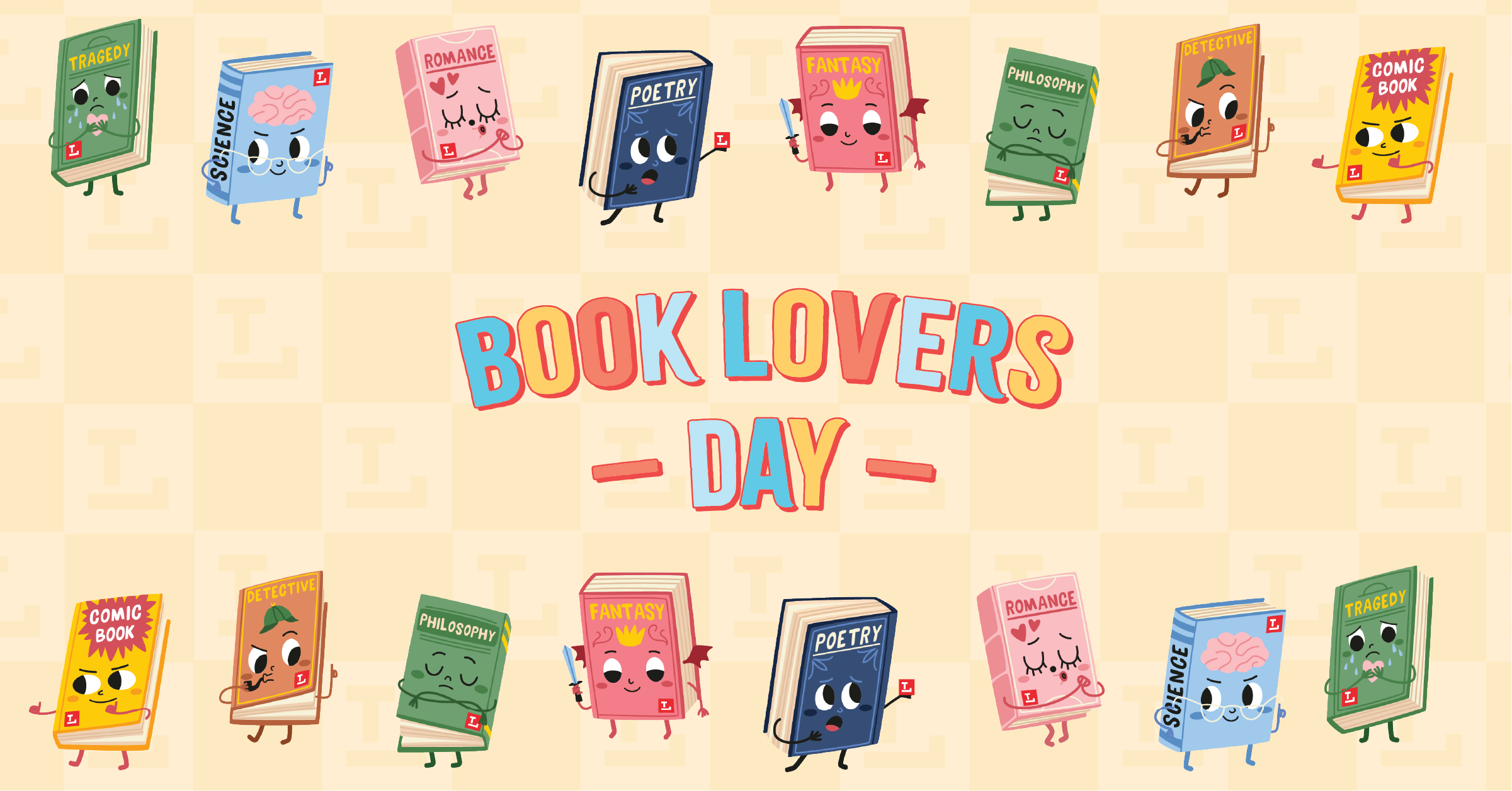 Illustrations of different genres of books, with "Book Lovers Day" in the center.