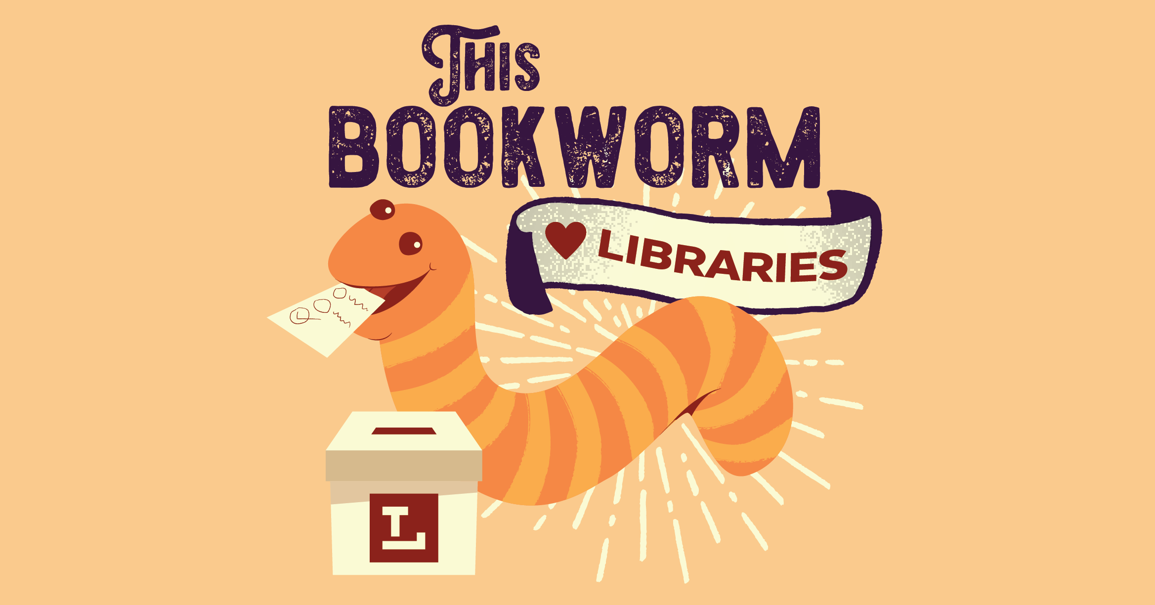 Illustrated bookworm holding a sign that says heart library.