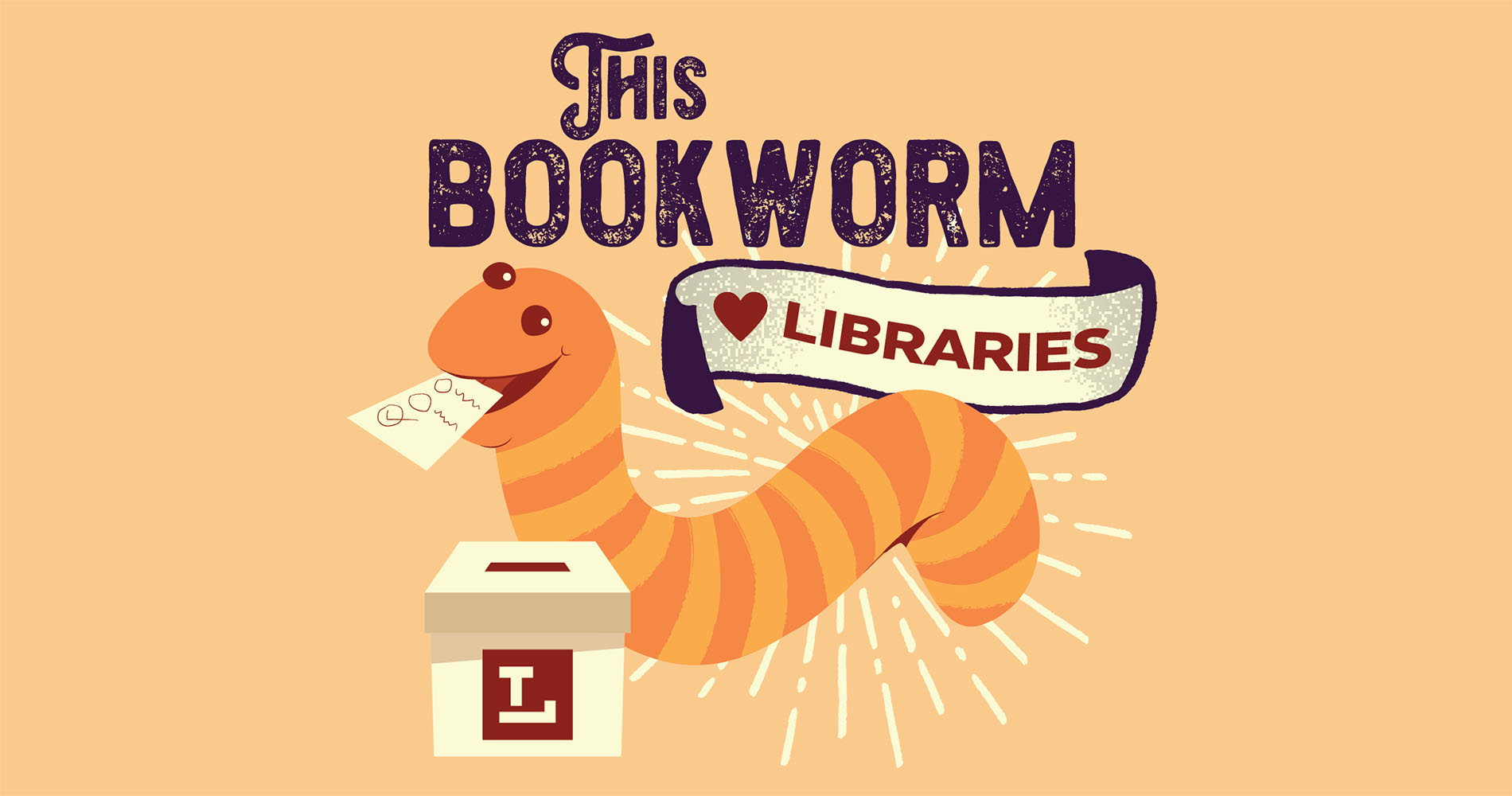 Illustration of a bookworm holding a sign labeled heart libraries. Romance author signing books.