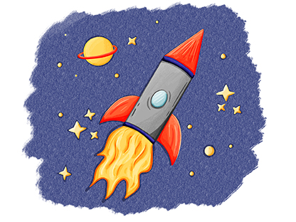 Illustration of a rocket blasting into space.