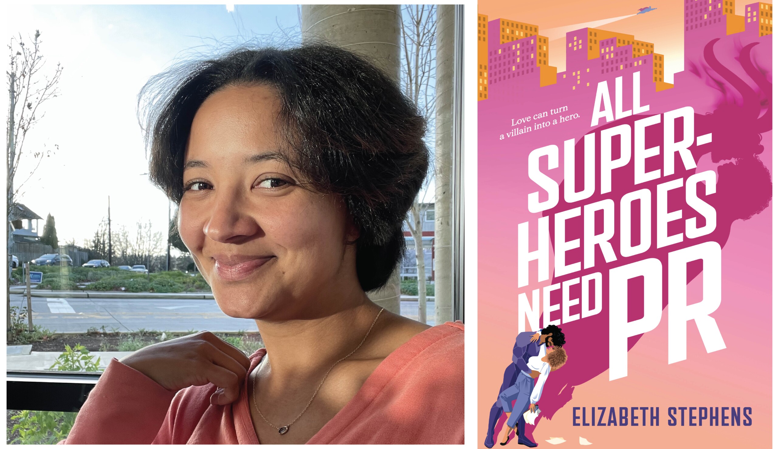 Elizabeth Stephens headshot with book cover of All Superheroes Need PR Elizabeth Stephens headshot with book cover of All Superheroes Need PR