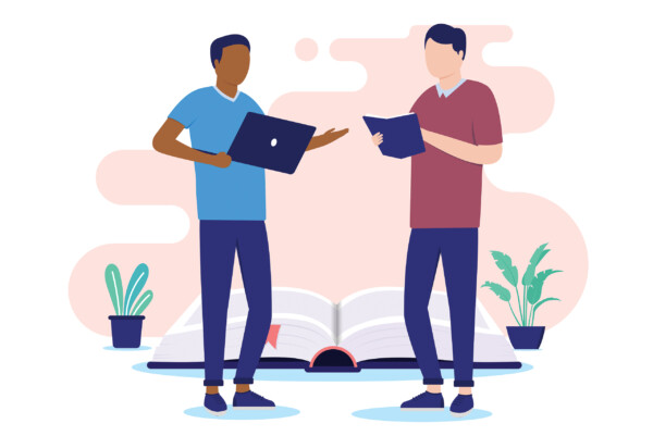 Illustration of two people standing and working together. Illustration of two people standing and working together.
