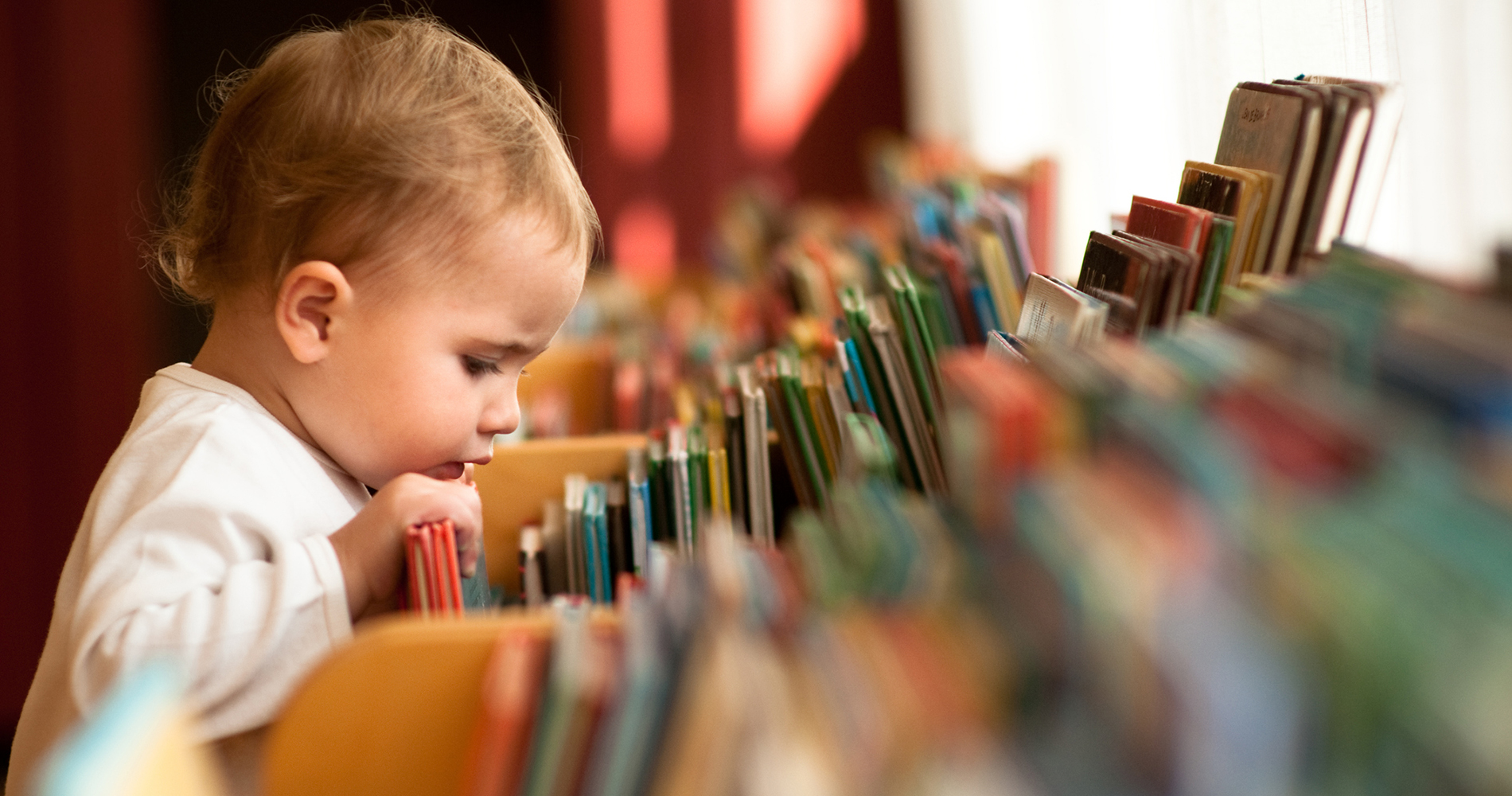 Toddler looking at a bin of books. Toddler looking at a bin of books.