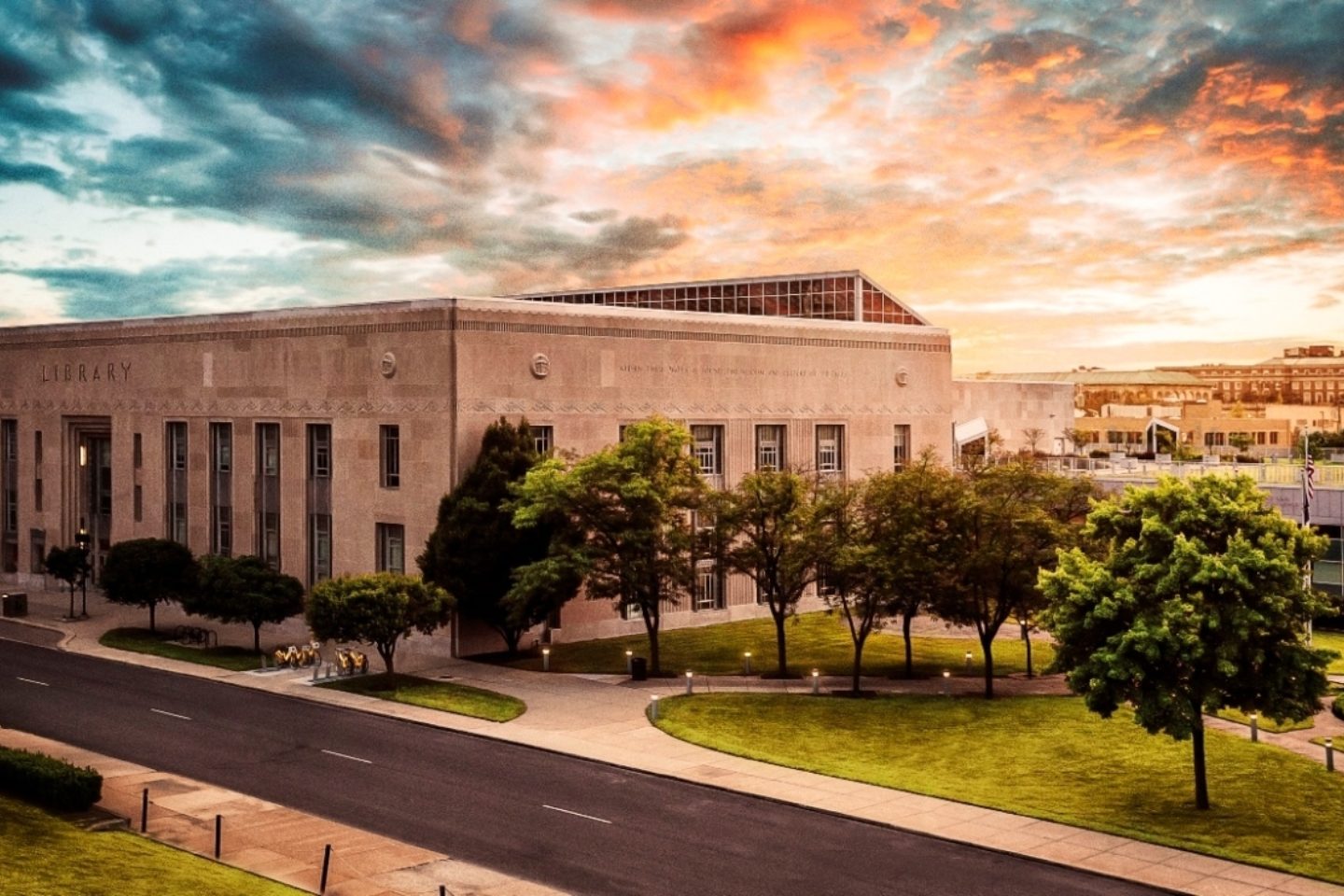 main library from the north lawn at sunset