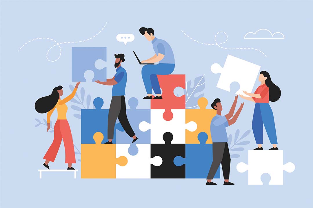 People searching for creative solutions web People searching for creative solutions on the web represented by puzzle pieces