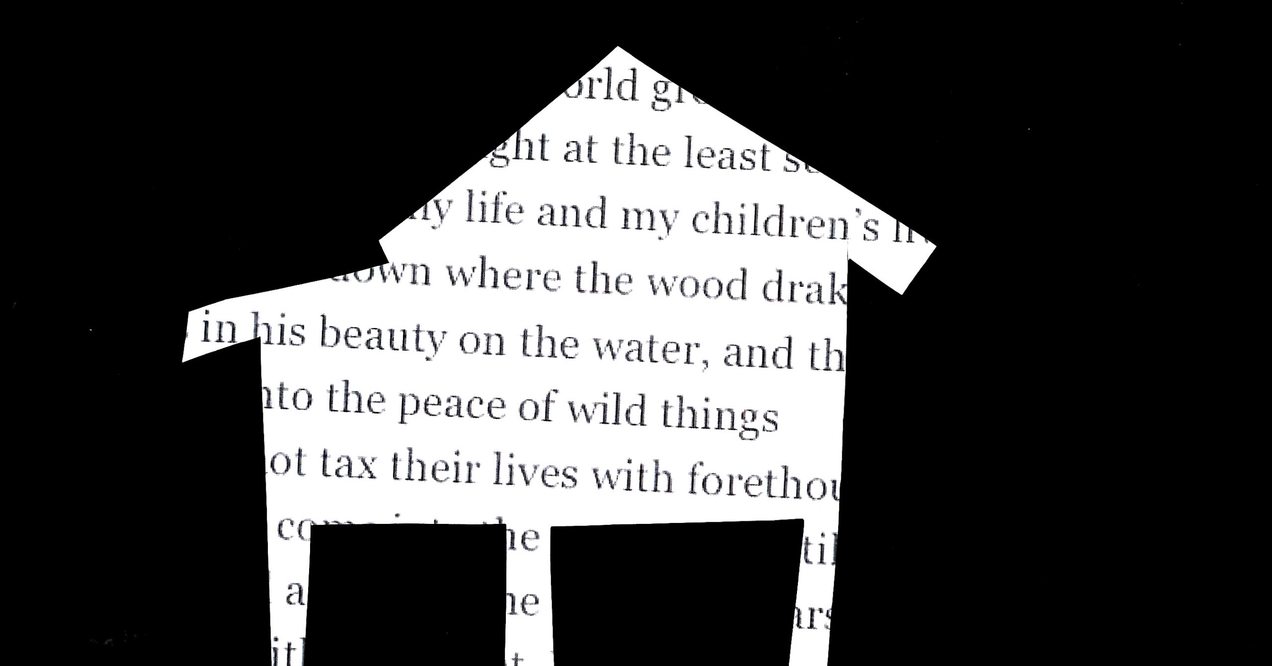 Blackout poetry in the shape of a house.