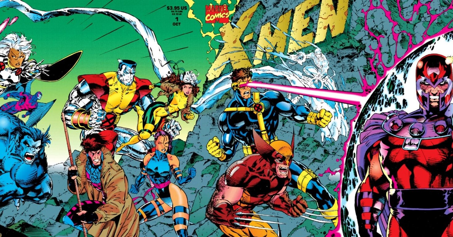 X-Men logo and various superheroes.