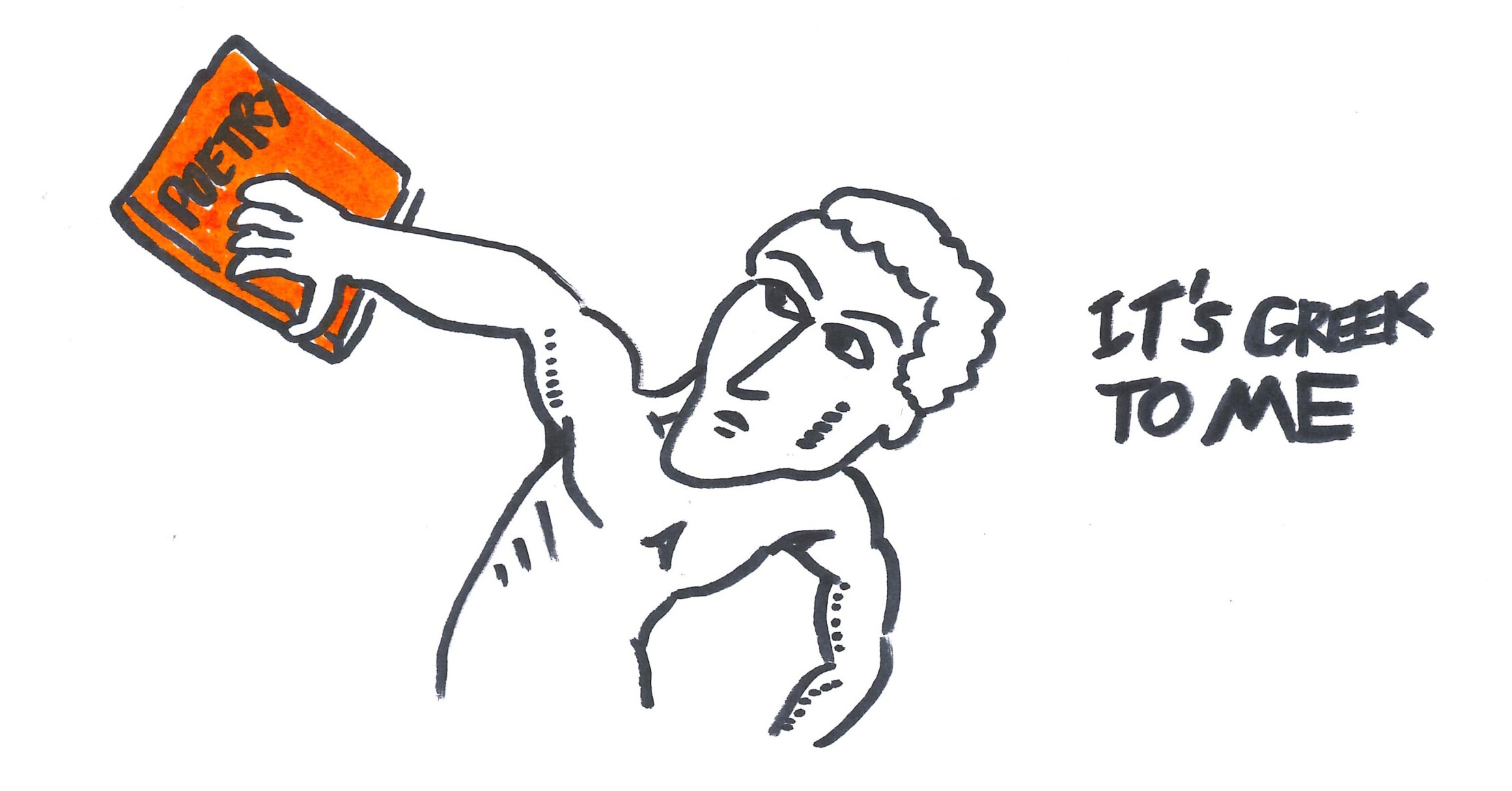 Illustration of a statue holding a poetry book, with the caption "It's Greek to me."